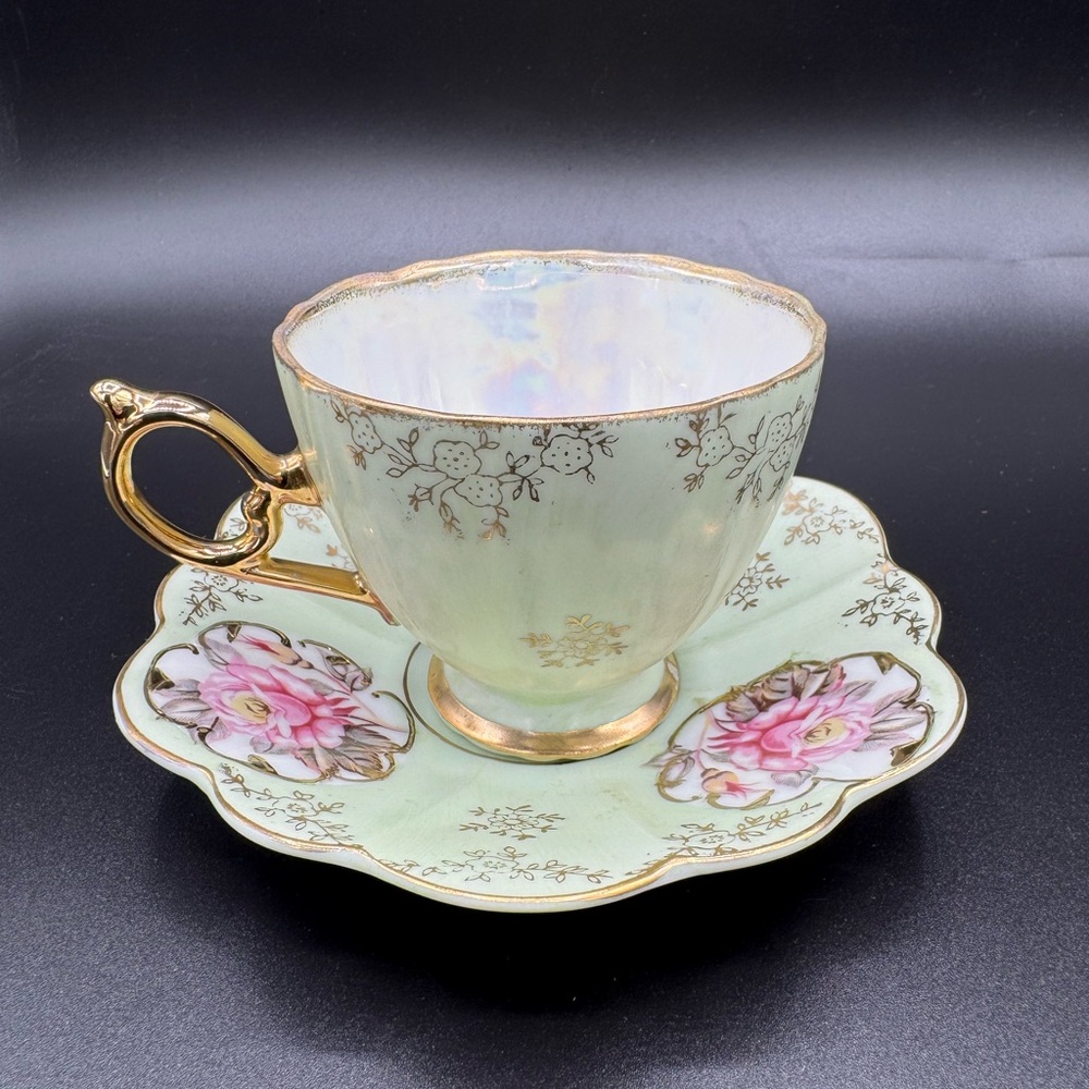 Lefton China Hand Painted Floral Teacup and Saucer with Gold Accents